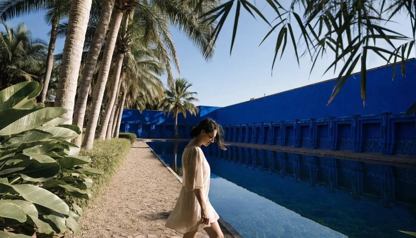 A visitor walking beside the long reflecting pool in front of the cobalt blue villa wall