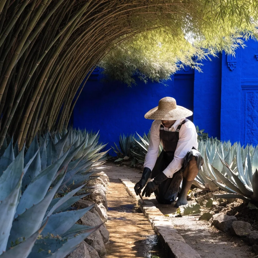 A shaded stone path between potted palms and agave beds under a bamboo canopy