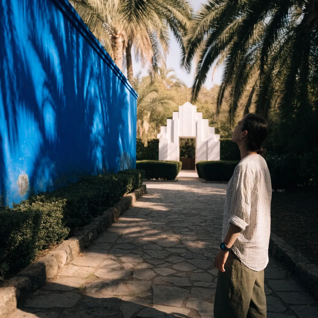 Cobalt blue garden wall meeting a white Art Deco railing in raking afternoon light