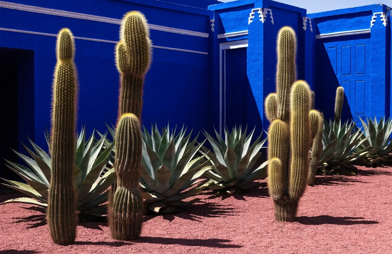 The cactus court at midday with columnar cacti against the cobalt blue garden wall