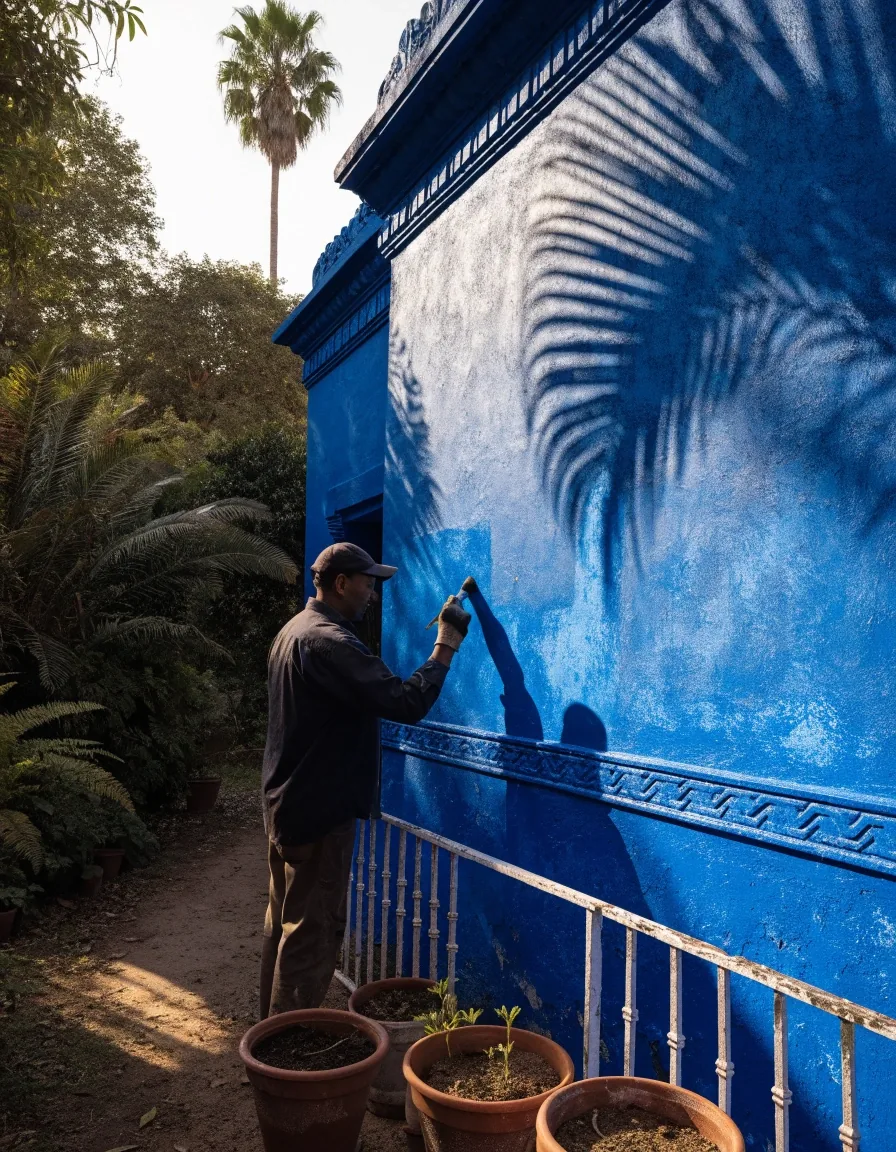 Cobalt-blue studio wall meeting a white Art Deco railing in raking afternoon light at the Majorelle Garden
