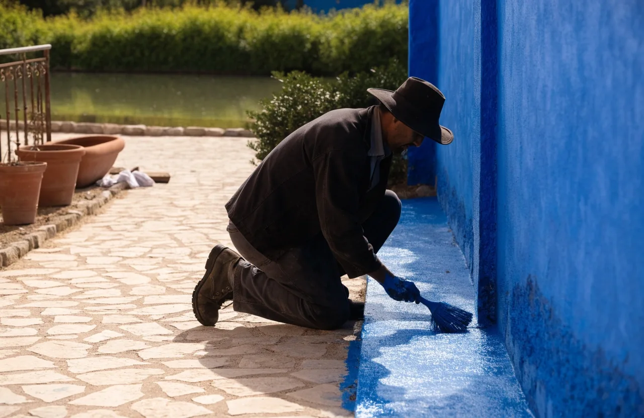 Detail of a cobalt-blue painted wall meeting a pale stone path with raking sunlight and hard shadows