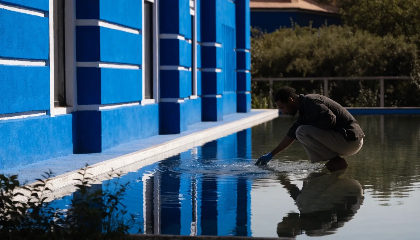 Long rectangular garden pool reflecting a cobalt-blue studio wall, framed by palms and dense green planting