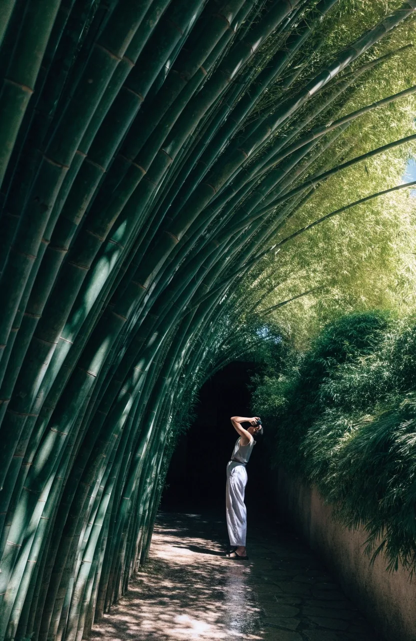 Looking up inside a narrow bamboo alley with culms arching overhead and daylight filtering through