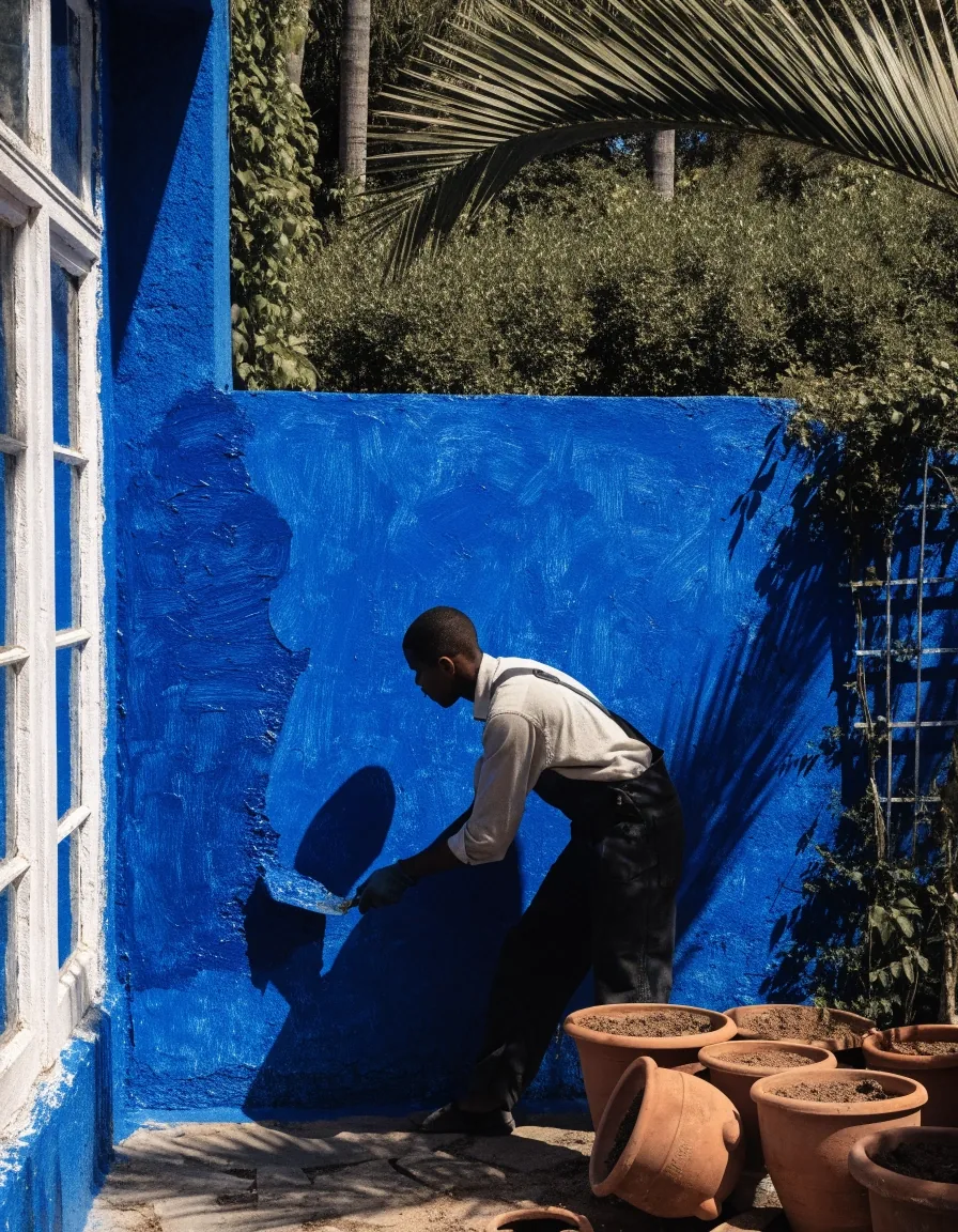 Low-angle view of the compact Art Deco studio building with cobalt-blue walls and white window frames among palms