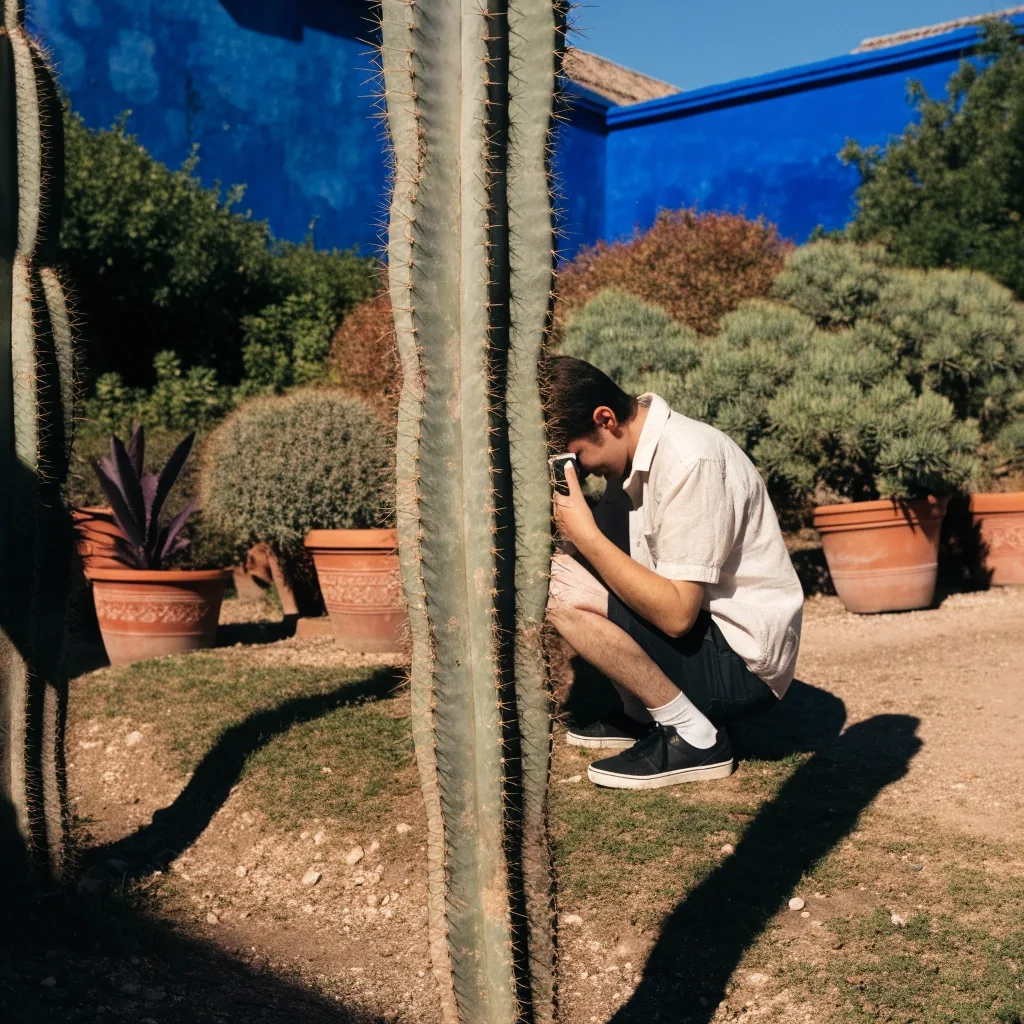 Midday view of a cactus court with tall columnar cacti against a cobalt-blue painted wall
