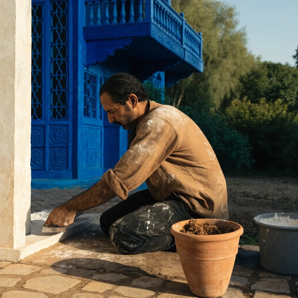 Vertical view of a shaded doorway in the cobalt-blue studio villa with a pale stone threshold
