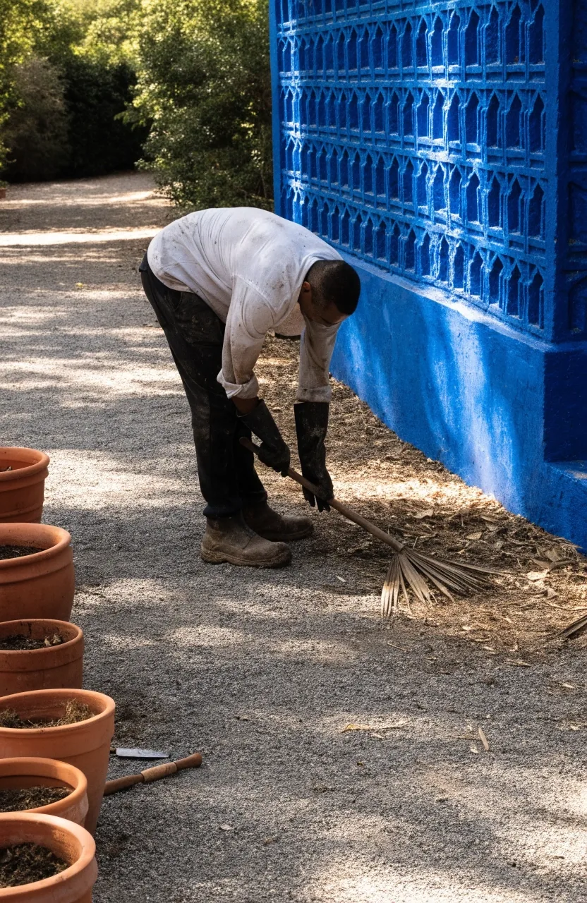 A shaded stone bench and path between potted palms at the Majorelle Garden