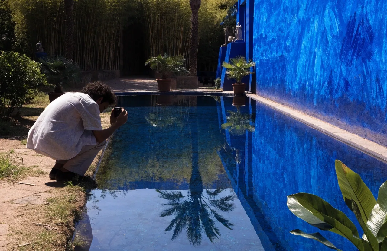 The central pool and cobalt blue studio wall at the Majorelle Garden in Marrakech