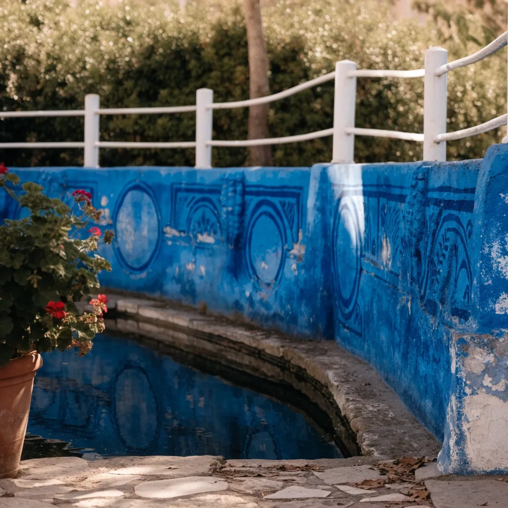 Close view of the cobalt-blue garden wall beside a white Art Deco railing in raking sunlight