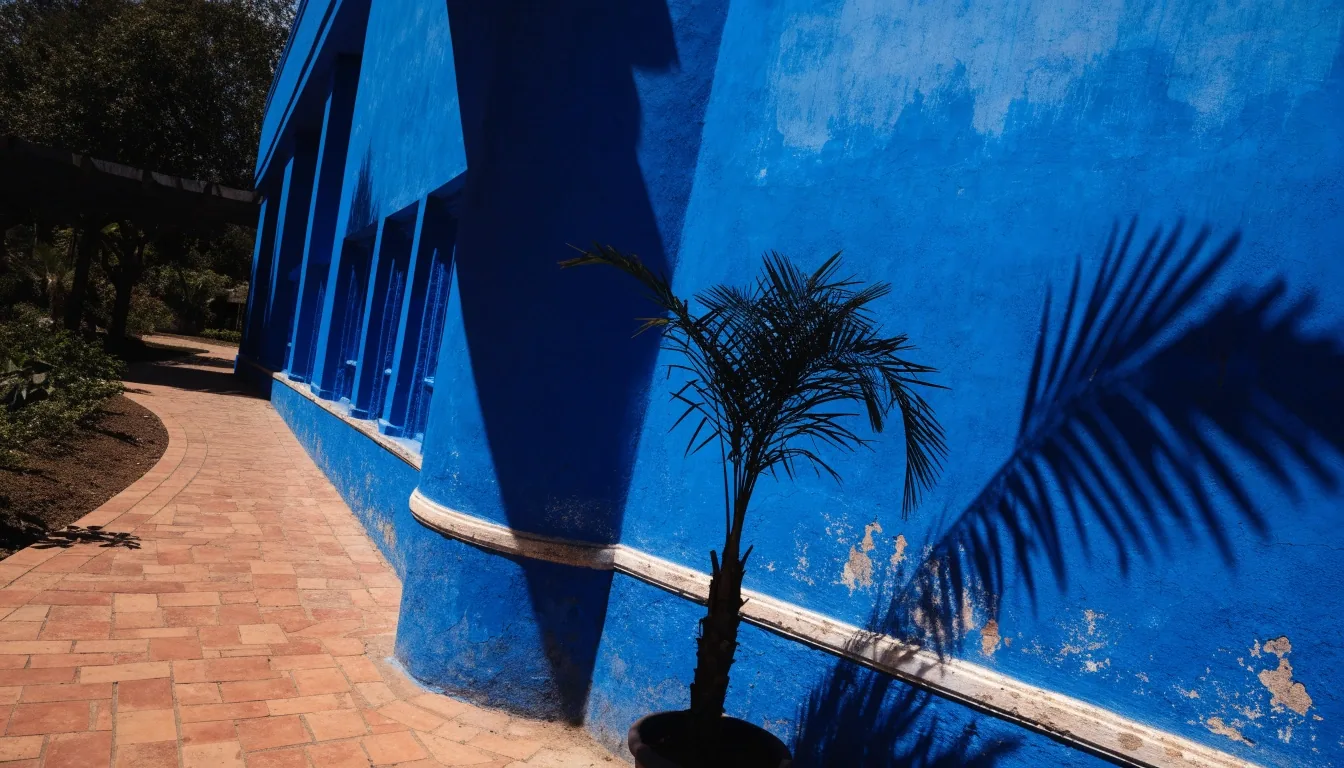 Macro view of deep cobalt-blue painted wall surface in shade at the Marrakech garden