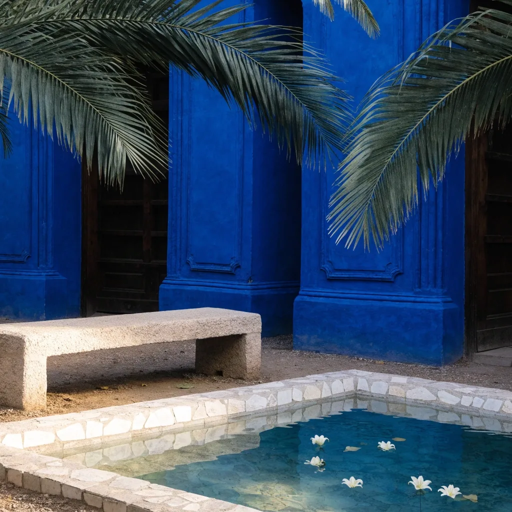 Shaded bench beside the still water basin with the cobalt-blue garden wall behind it in Marrakech
