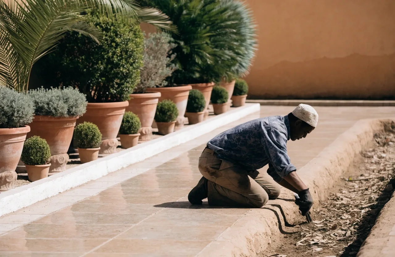 A stone path between potted palms in a Marrakech garden
