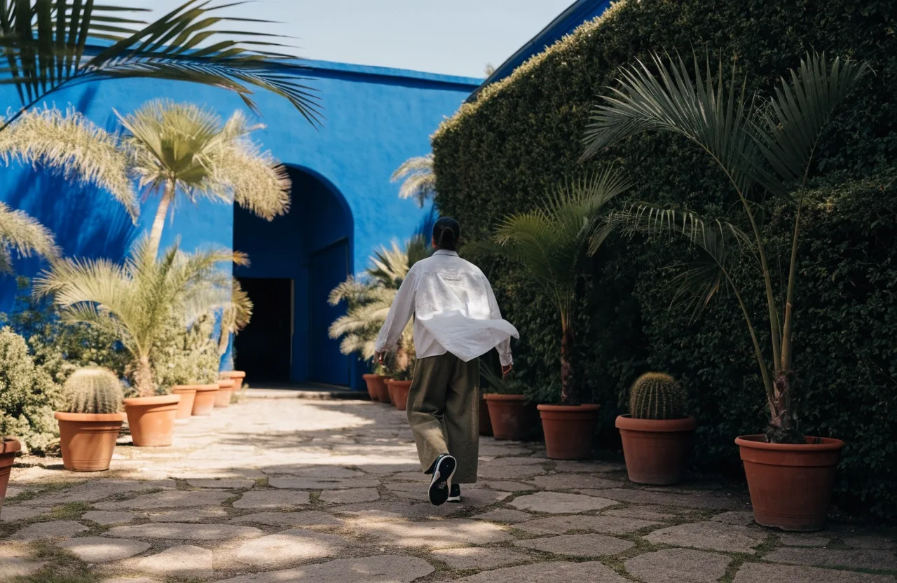 A sunlit stone path between potted palms with the blue villa wall beyond