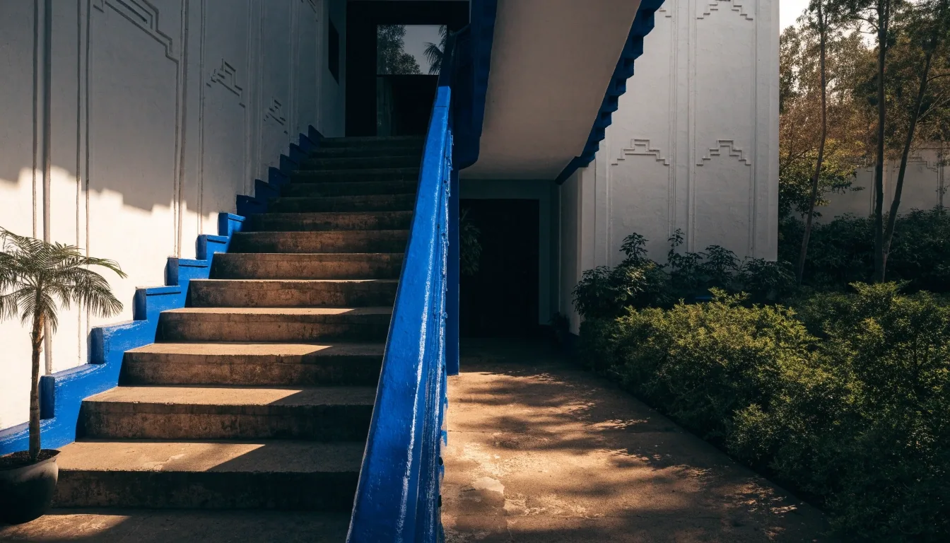 The blue villa stair and shaded doorway at the Majorelle Garden