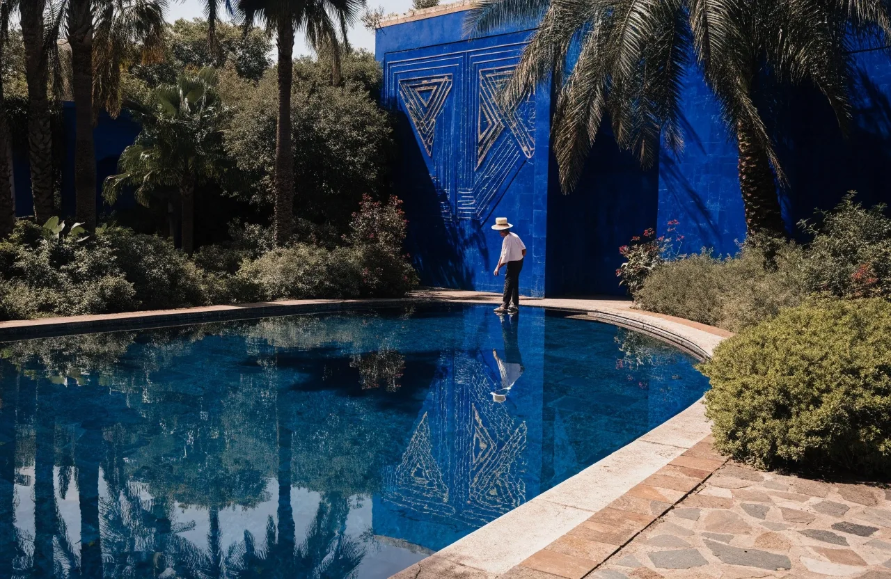 The long central pool of the Majorelle Garden with the cobalt studio wall behind it