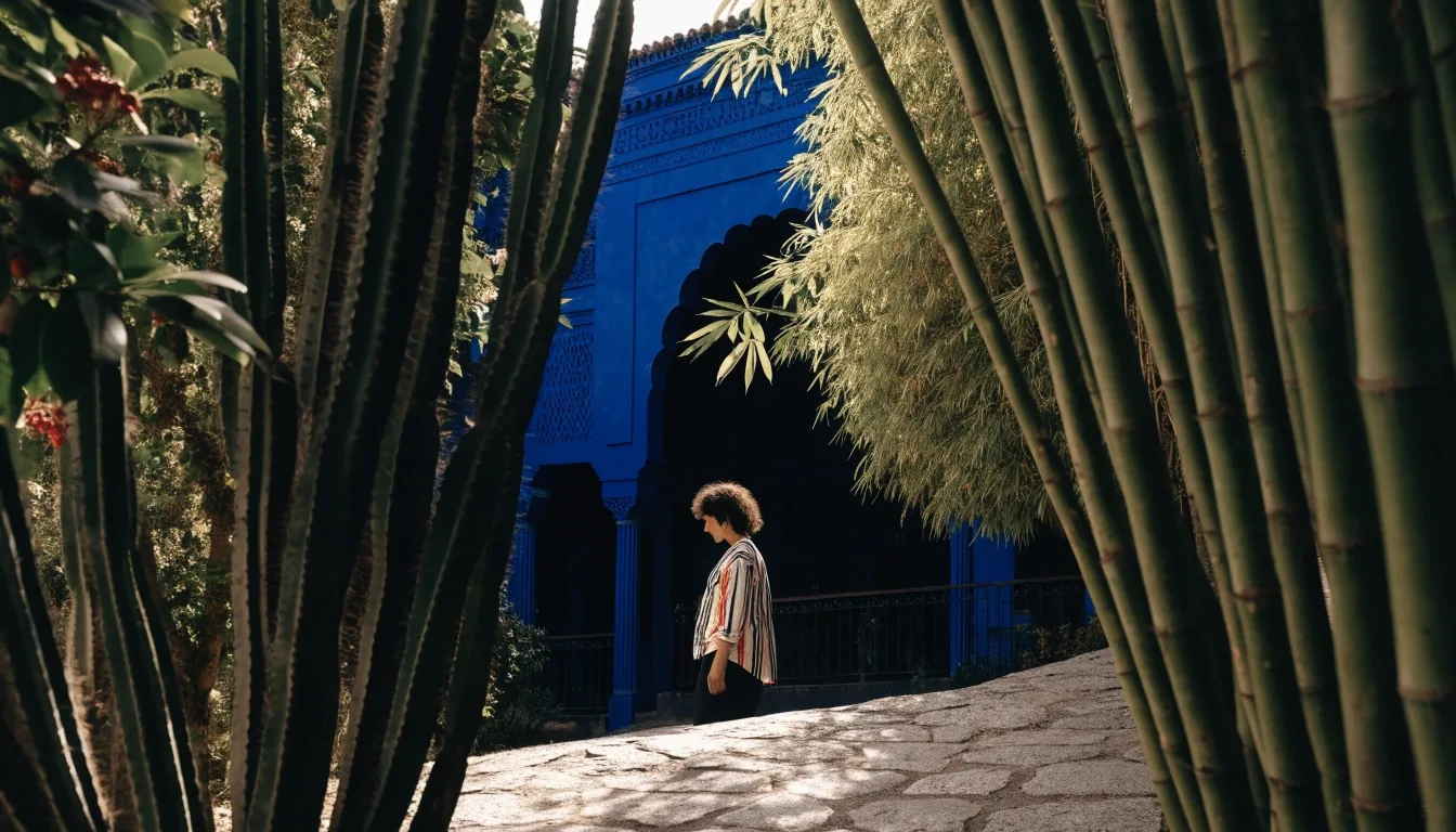 A shaded bench along the pool edge at the Majorelle Garden in early morning light