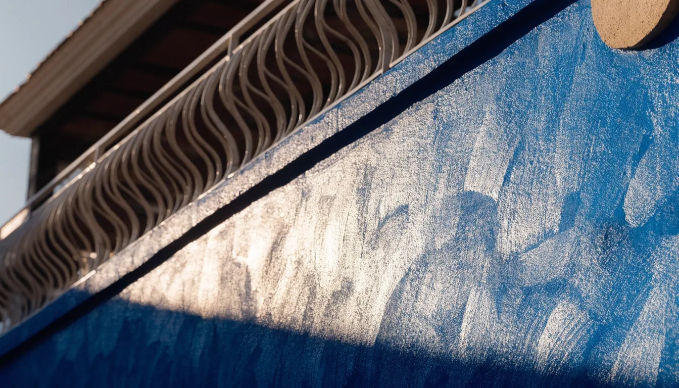Close crop of the cobalt blue wall and white Art Deco railing at the Majorelle Garden in raking light