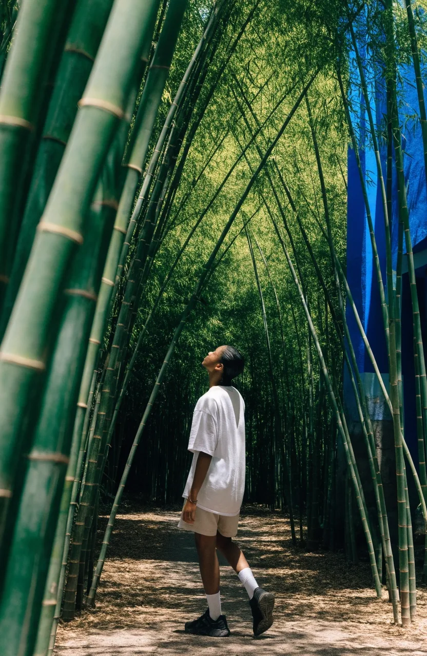 Looking up through the dense bamboo canopy over a shaded path in the Majorelle Garden