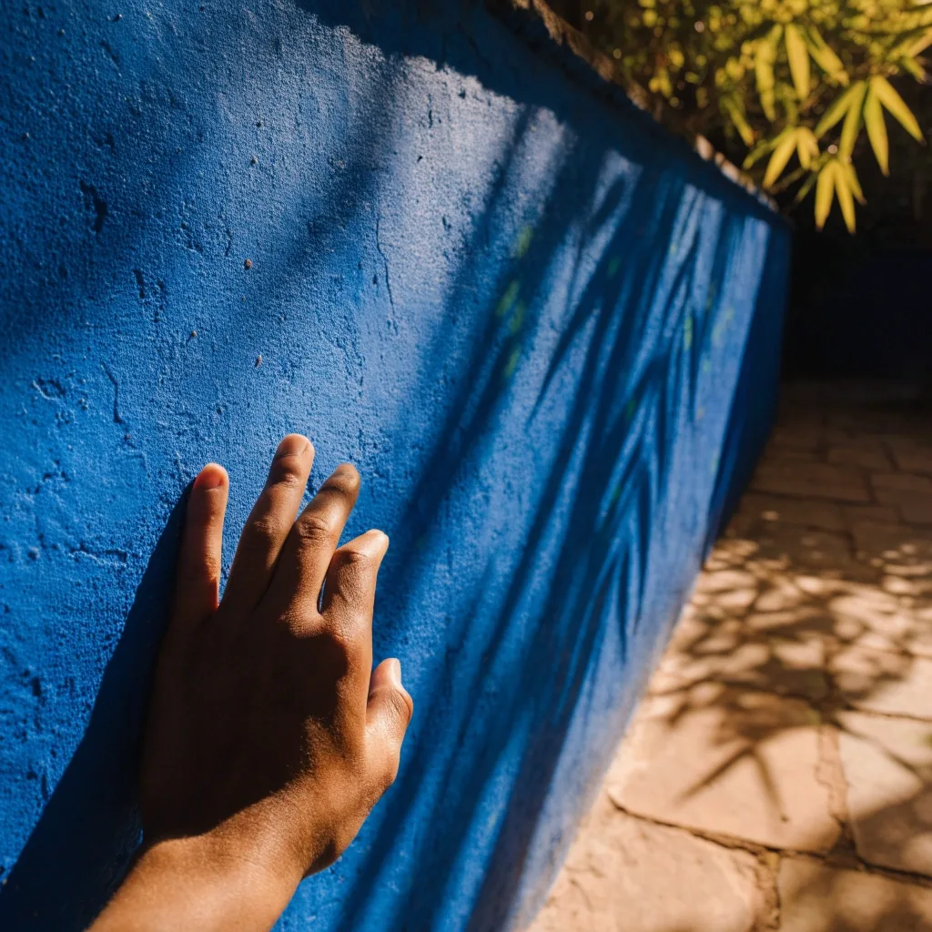Low angle on the blue villa stair and a shaded doorway at the Majorelle Garden