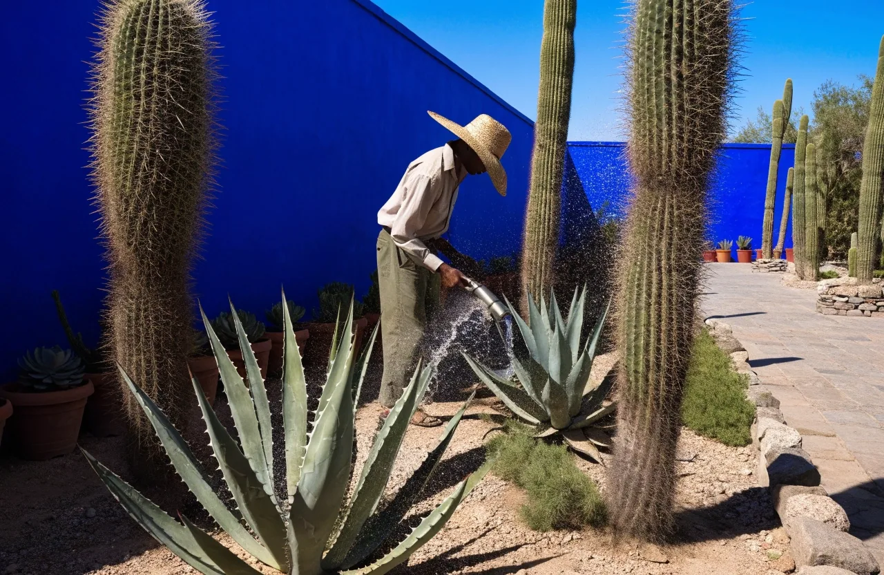 Tall cacti and agaves in the Majorelle Garden cactus court against a cobalt blue wall at midday