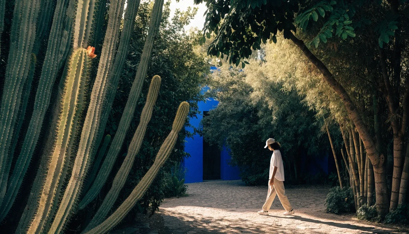 The long central pool of the Majorelle Garden with the cobalt blue studio wall behind it in afternoon light