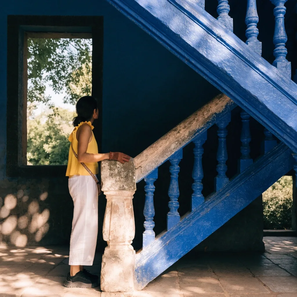 A shaded cobalt stairway and dark doorway inside the Majorelle villa, seen from a low angle