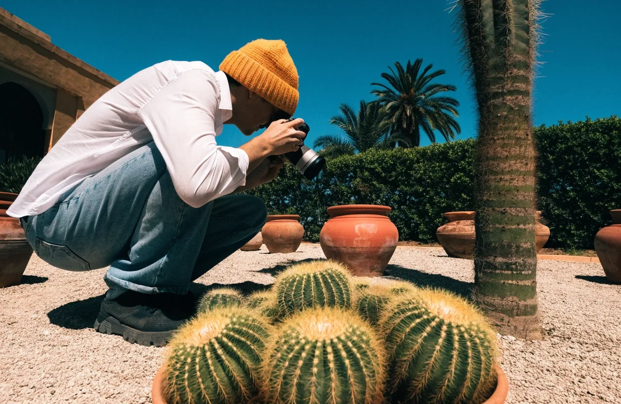 Groupings of tall and rounded cacti in the Majorelle cactus court under midday sun