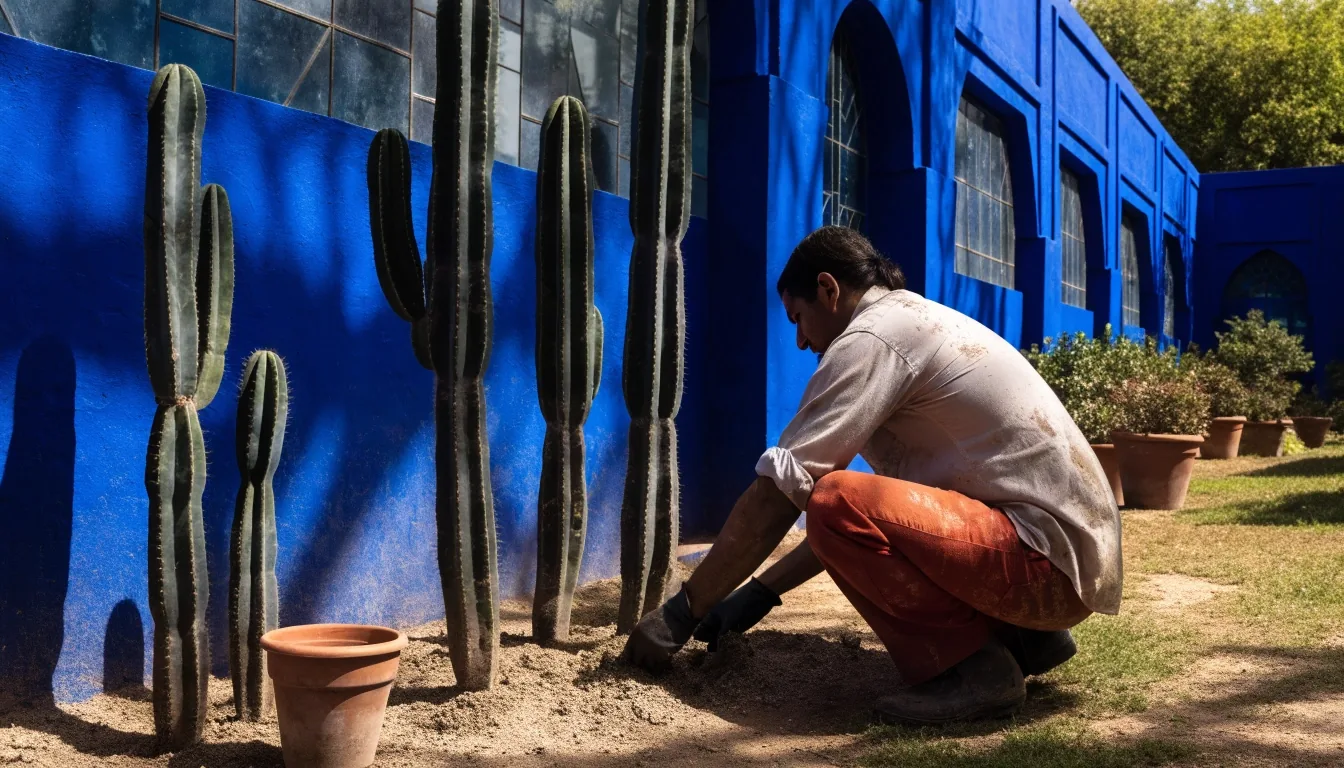 Ribbed columnar and rounded barrel cacti grouped against pale earth and a band of cobalt wall