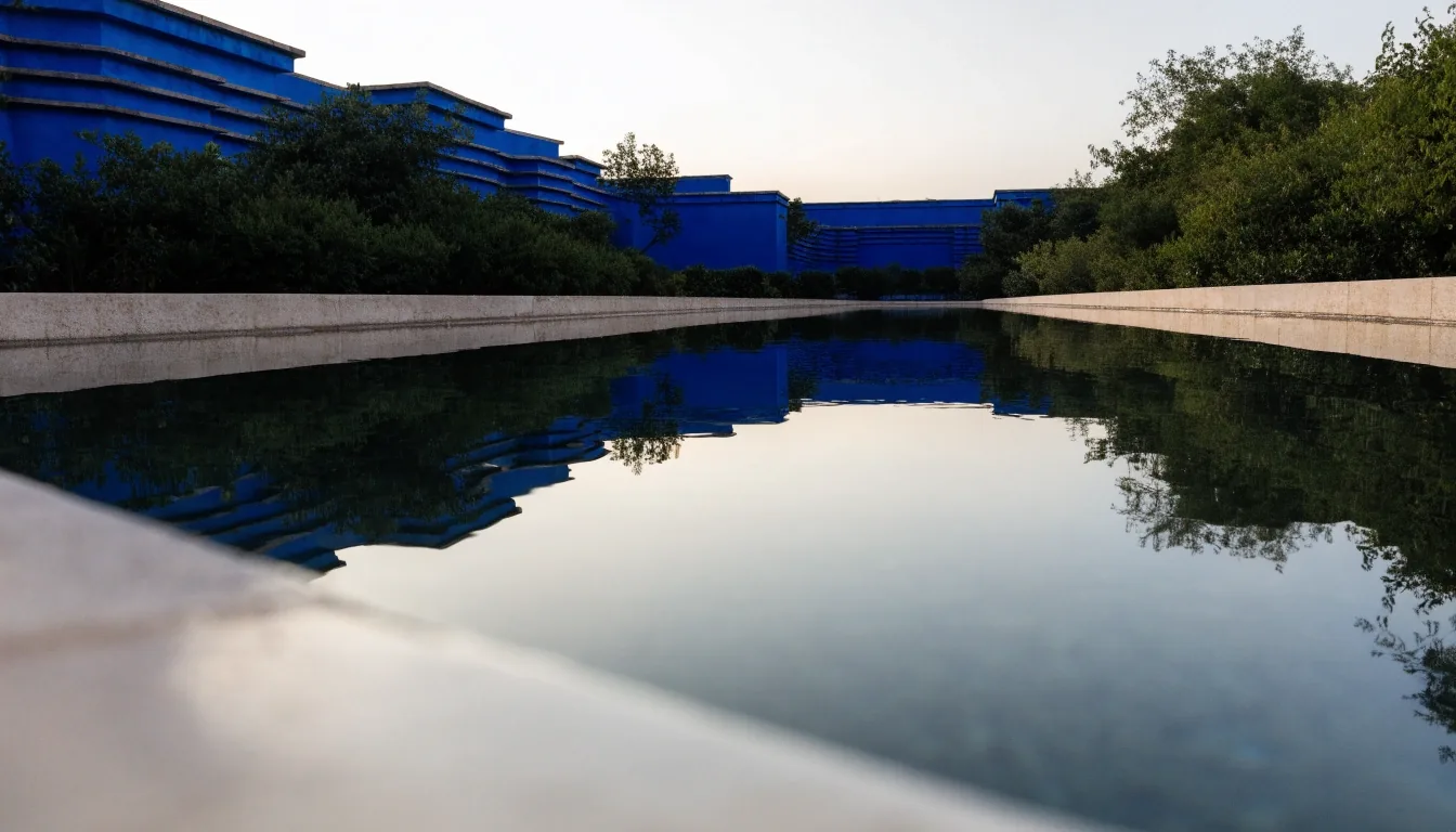 The long central pool at the Majorelle Garden, still water mirroring cobalt walls and dense planting