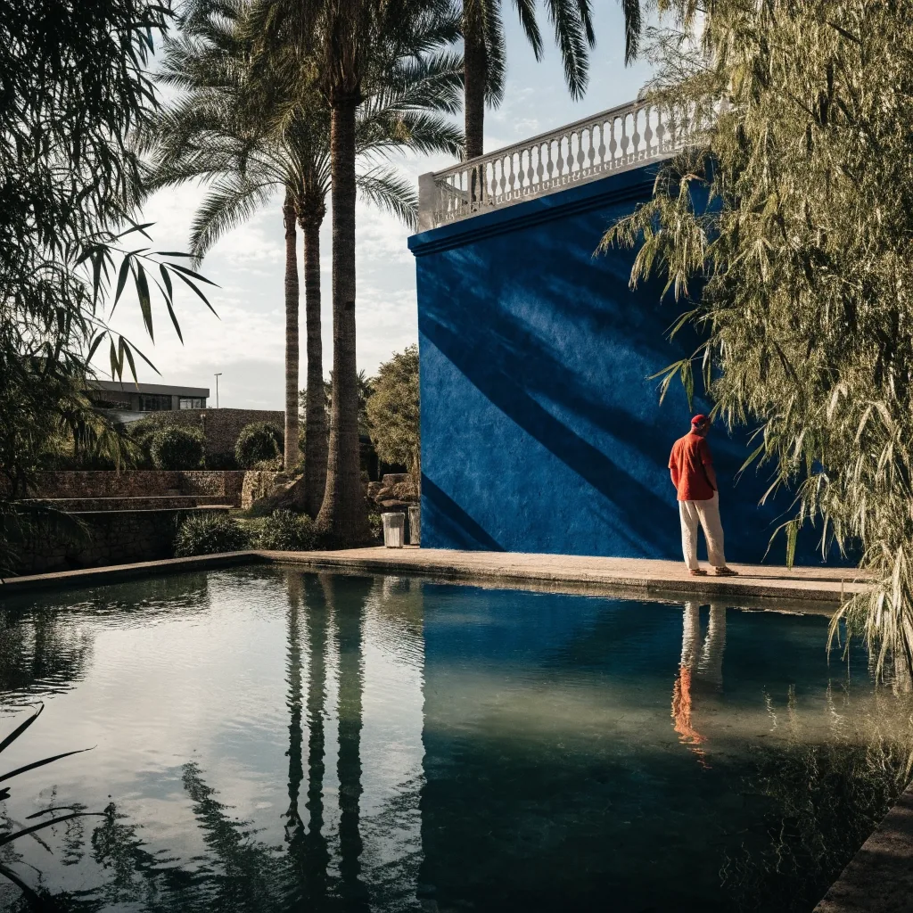 The long central pool at the Majorelle Garden reflecting the cobalt-blue studio wall in even afternoon light