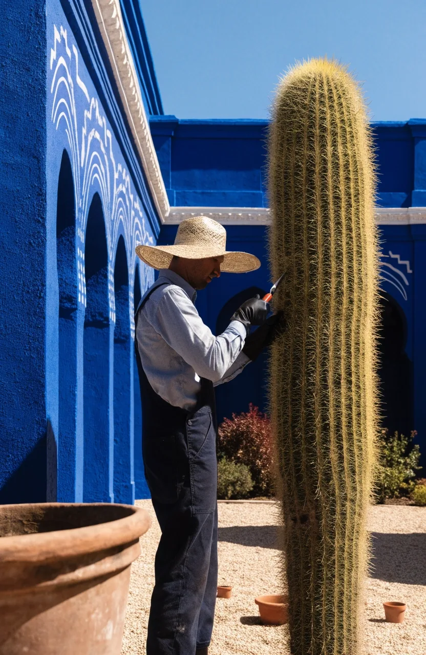 The cactus court inside the Majorelle Garden with cobalt walls and white trim
