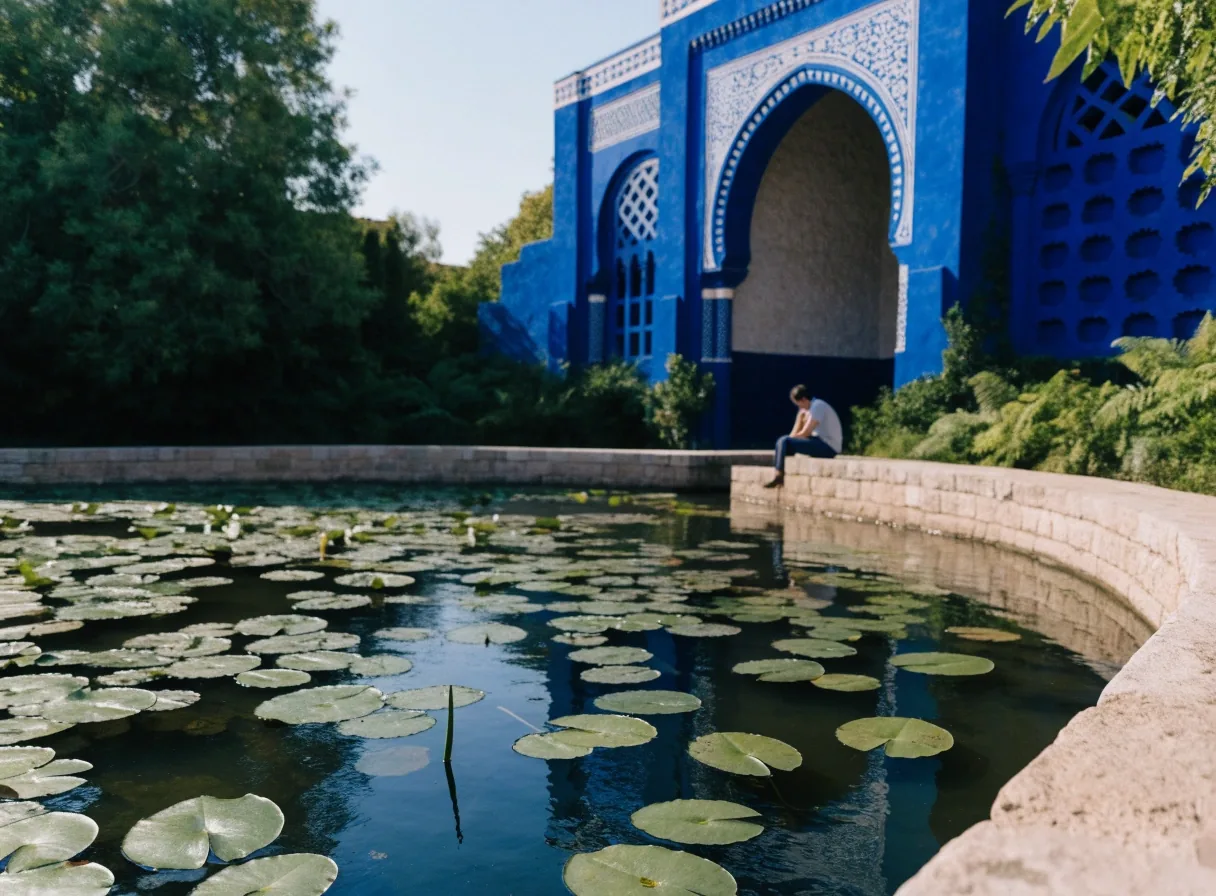 The lily basin at the Majorelle Garden with blue architecture behind