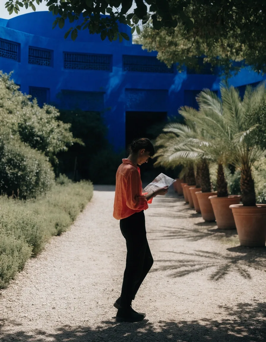 Visitors walking a stone path between potted palms toward the Majorelle Garden entrance