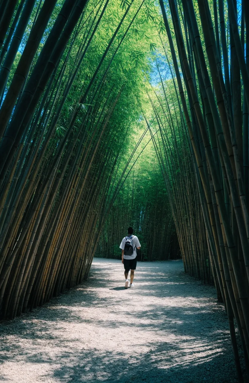 Bamboo alley forming a green ceiling over a path in the Majorelle Garden