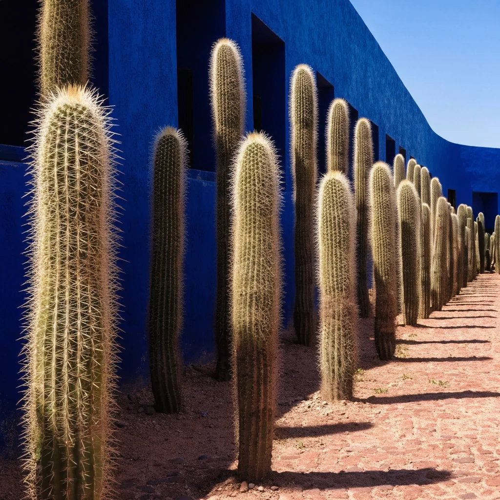 Cactus court with tall columnar cacti against a cobalt wall in the Majorelle Garden