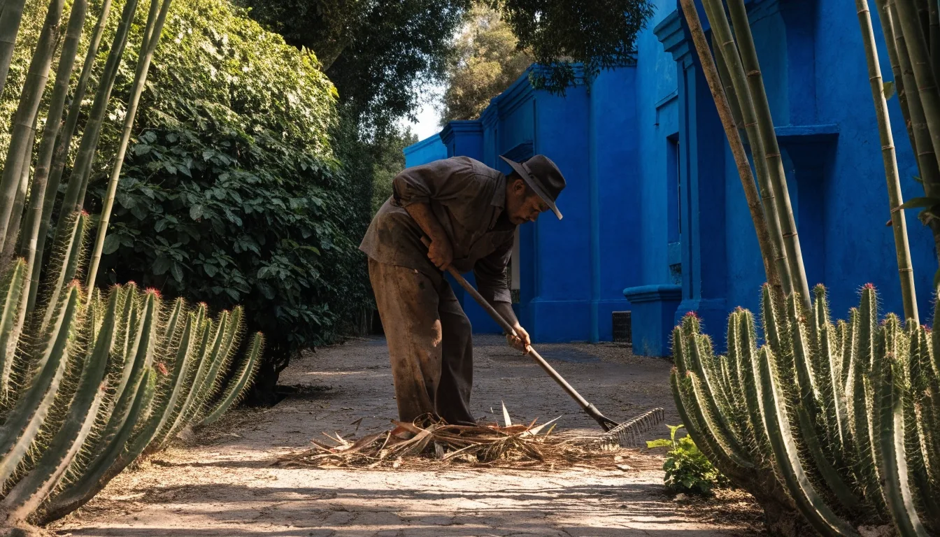 Wide late-light view of the Majorelle Garden with the cobalt studio wall and palm canopy